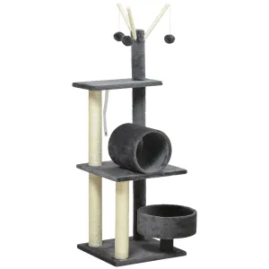 121cm Cat Tree Tower for Indoor Cats Kitten Activity Center Scratching Post with Bed Tunnel Perch Interactive Ball Toy, Grey