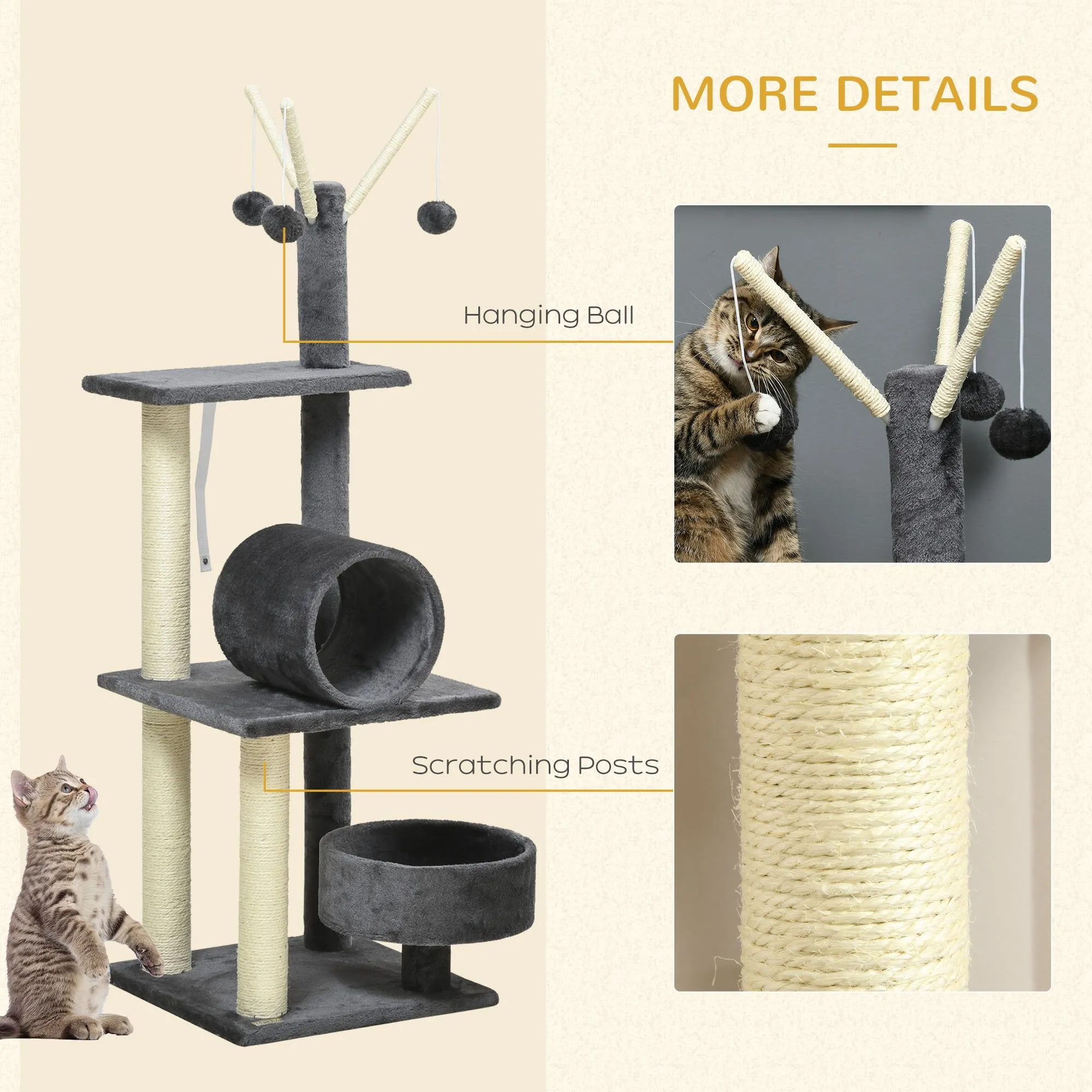 121cm Cat Tree Tower for Indoor Cats Kitten Activity Center Scratching Post with Bed Tunnel Perch Interactive Ball Toy, Grey