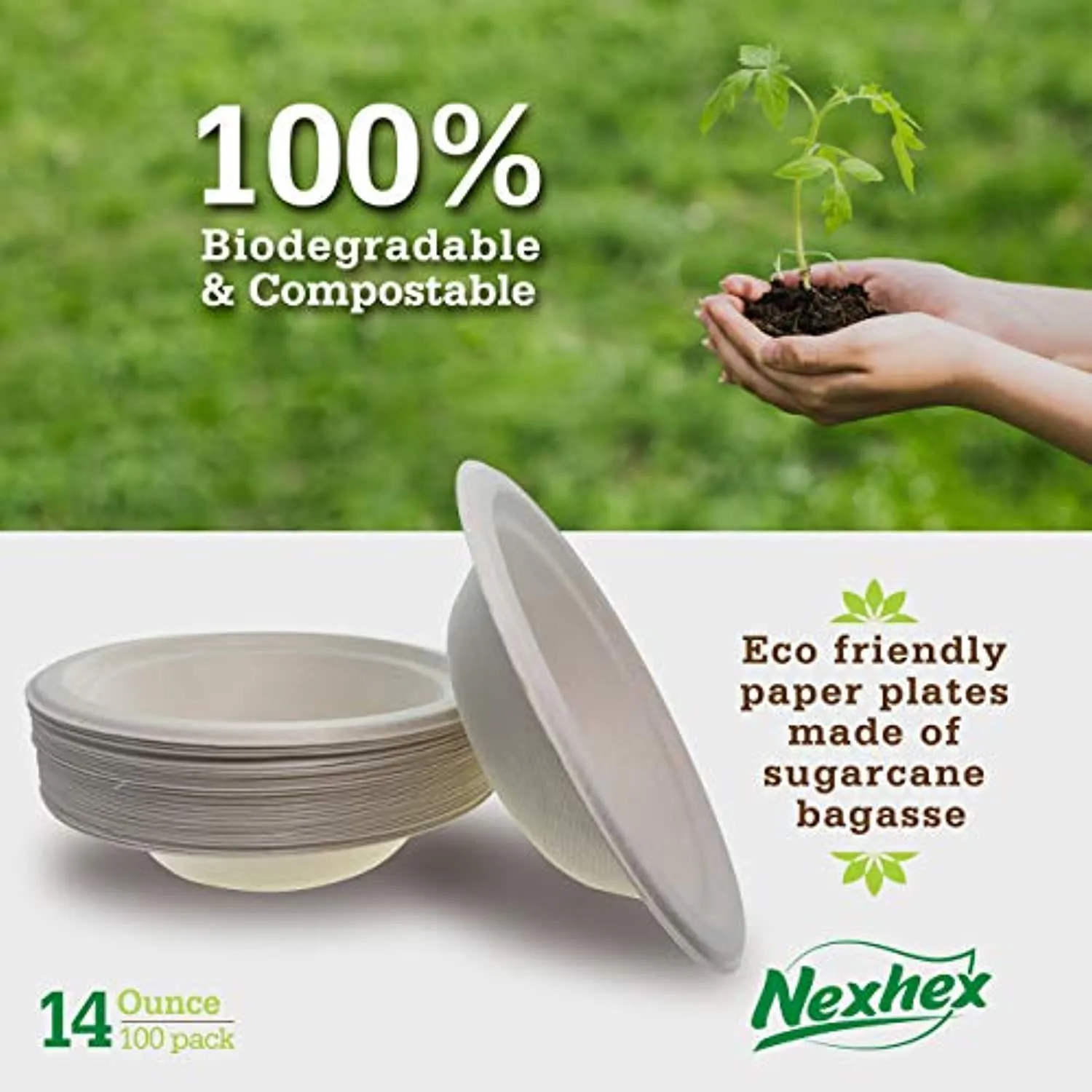 14 oz. Paper Plates Bowls 100-Pack Brown Compostable Disposable Biodegradable Premium Natural Eco-Friendly