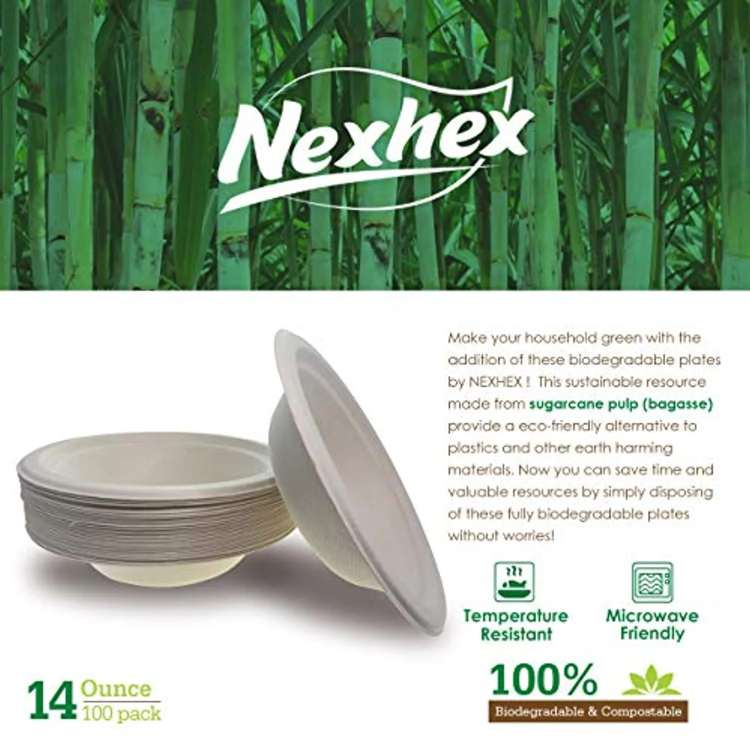 14 oz. Paper Plates Bowls 100-Pack Brown Compostable Disposable Biodegradable Premium Natural Eco-Friendly