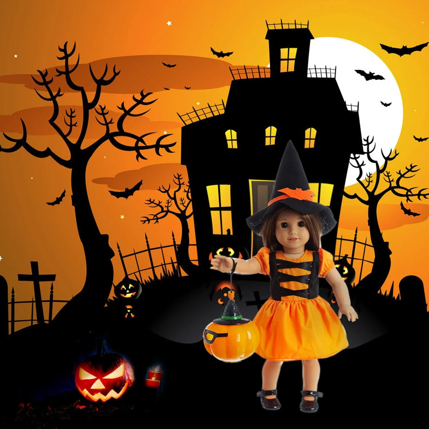 18 Inch American Girl Halloween Doll Reborn Dolls Toys Pumpkin Lantern With Light Halloween Dress Festivals Children's Toys Gift