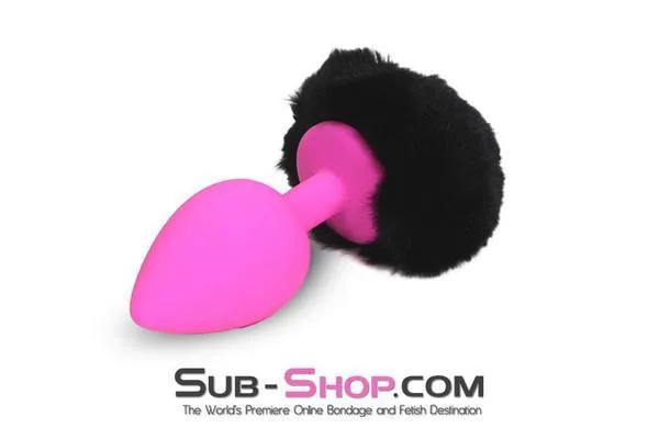 6870M      Jet Black Powder Puff Butt Plug Tail, Large Pink Silicone Plug - LAST CHANCE - Final Closeout!