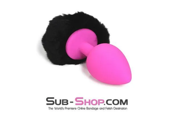 6870M      Jet Black Powder Puff Butt Plug Tail, Large Pink Silicone Plug - LAST CHANCE - Final Closeout!