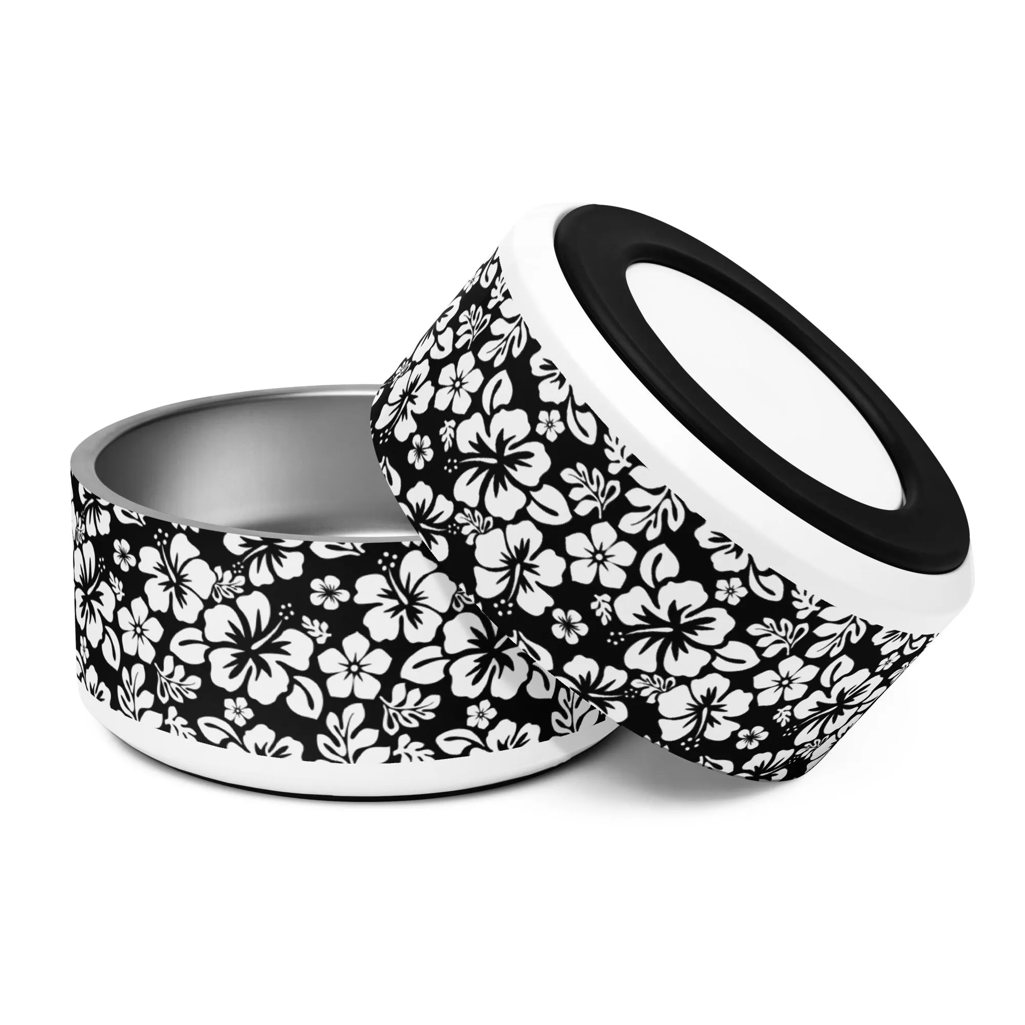 Black and White Hawaiian Flowers Pet Bowl