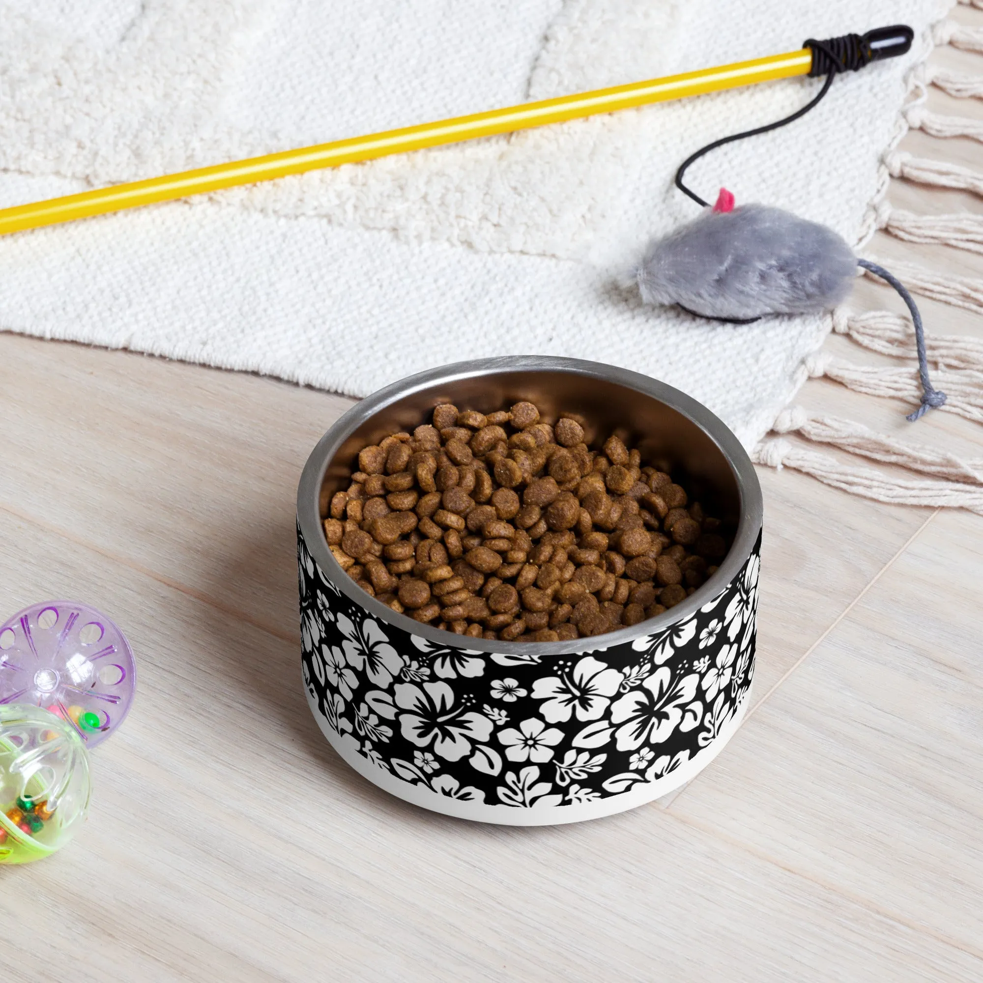 Black and White Hawaiian Flowers Pet Bowl