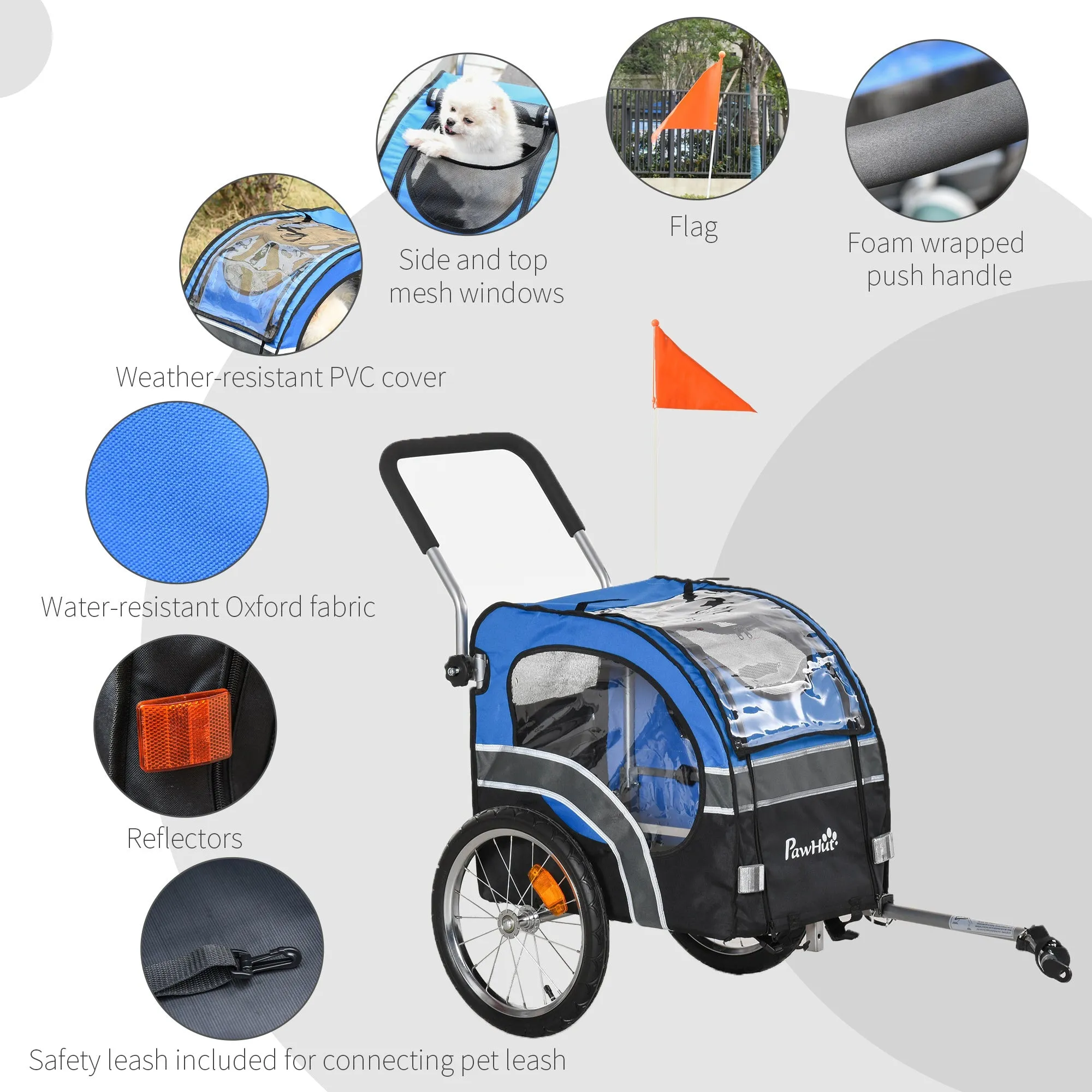 Dog Bike Trailer 2-in-1 Pet Cart Carrier Stroller Pushchair for Bicycle with 360° Rotatable Front Wheel Reflectors Weather Resistant Blue