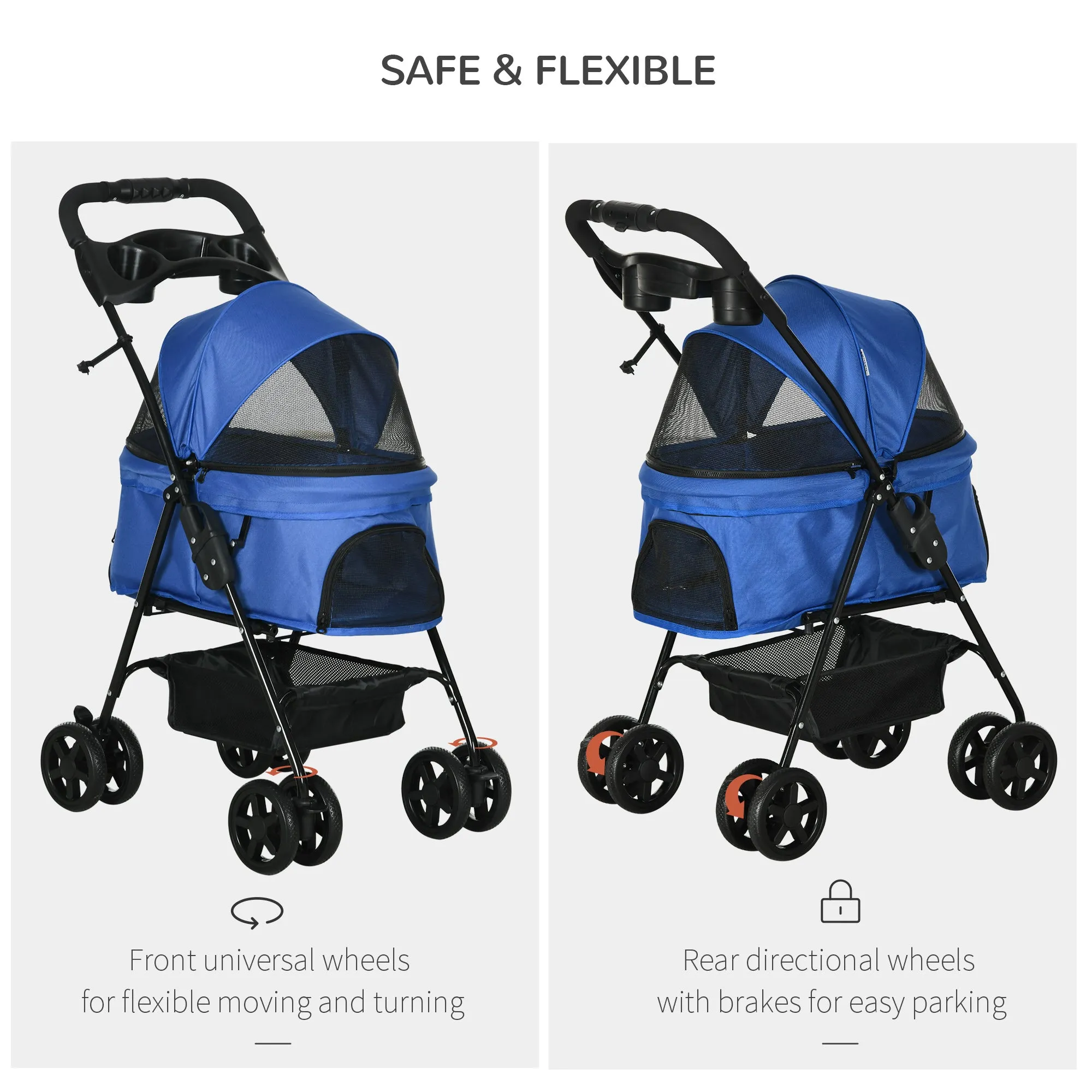 Dog Stroller Pet Cat Travel Pushchair One-Click Fold Trolley Jogger with EVA Wheels Brake Basket Adjustable Canopy Safety Leash for Small Dogs, Blue