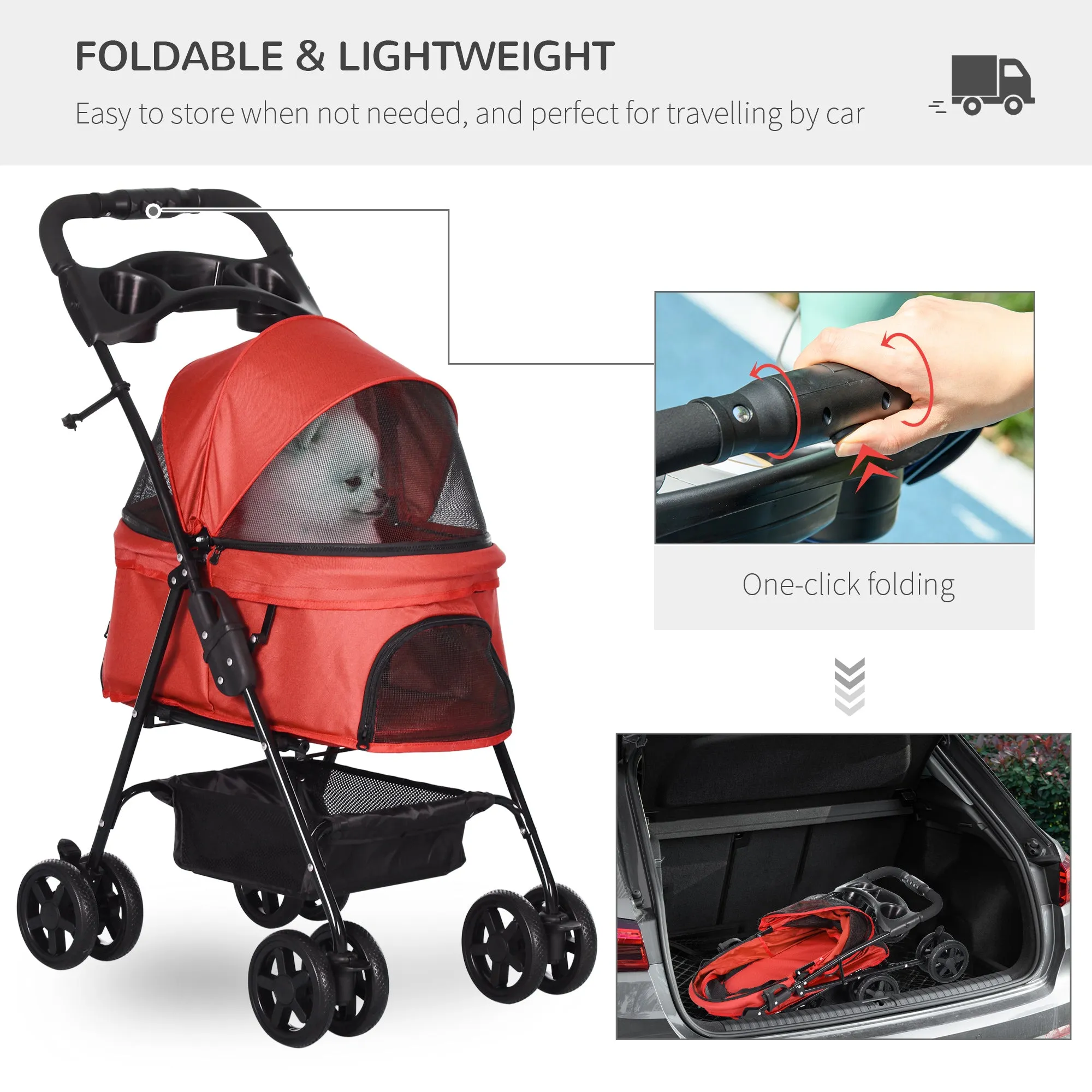 Dog Stroller Pet Cat Travel Pushchair One-Click Fold Trolley Jogger with EVA Wheels Brake Basket Adjustable Canopy Safety Leash for Small Dogs, Red