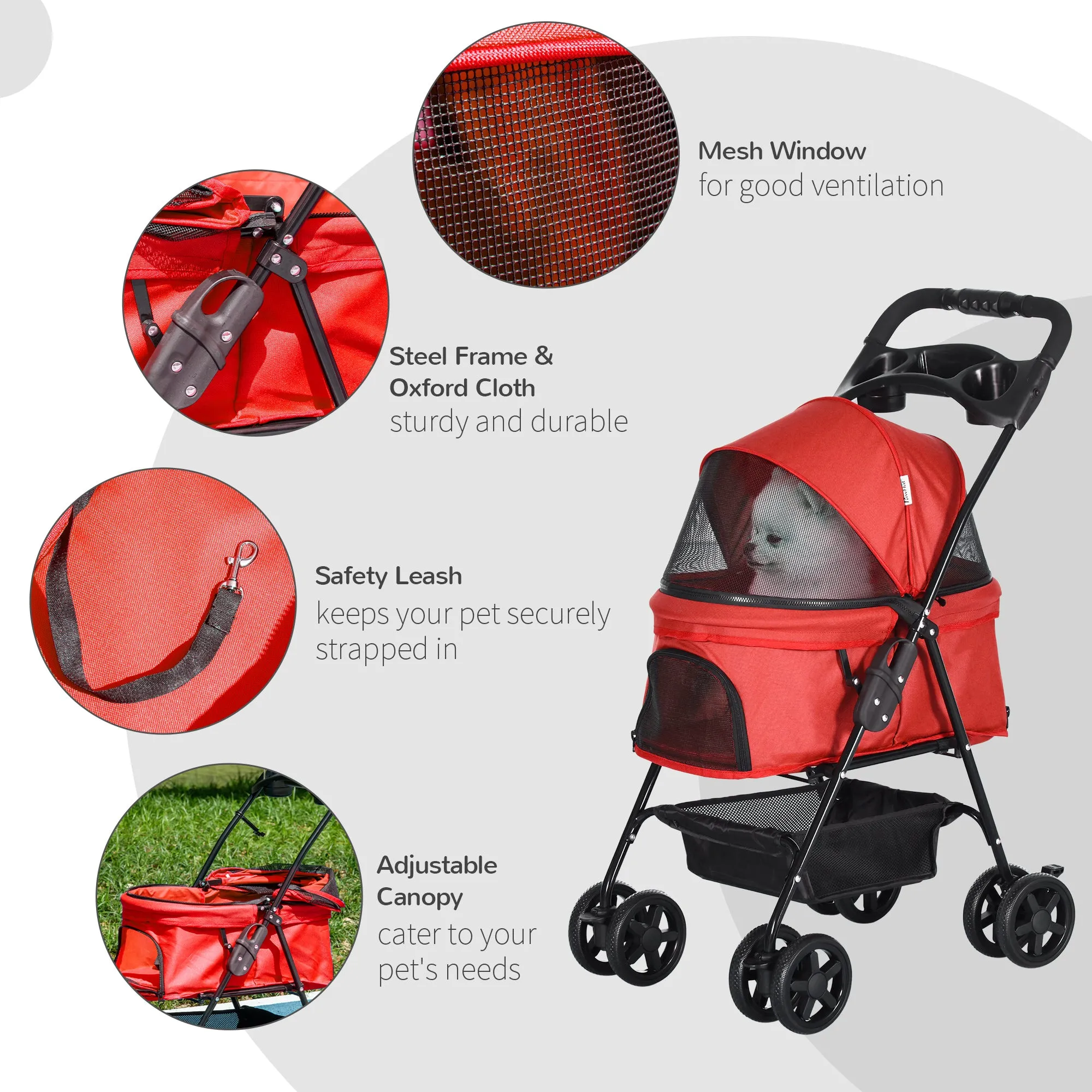 Dog Stroller Pet Cat Travel Pushchair One-Click Fold Trolley Jogger with EVA Wheels Brake Basket Adjustable Canopy Safety Leash for Small Dogs, Red