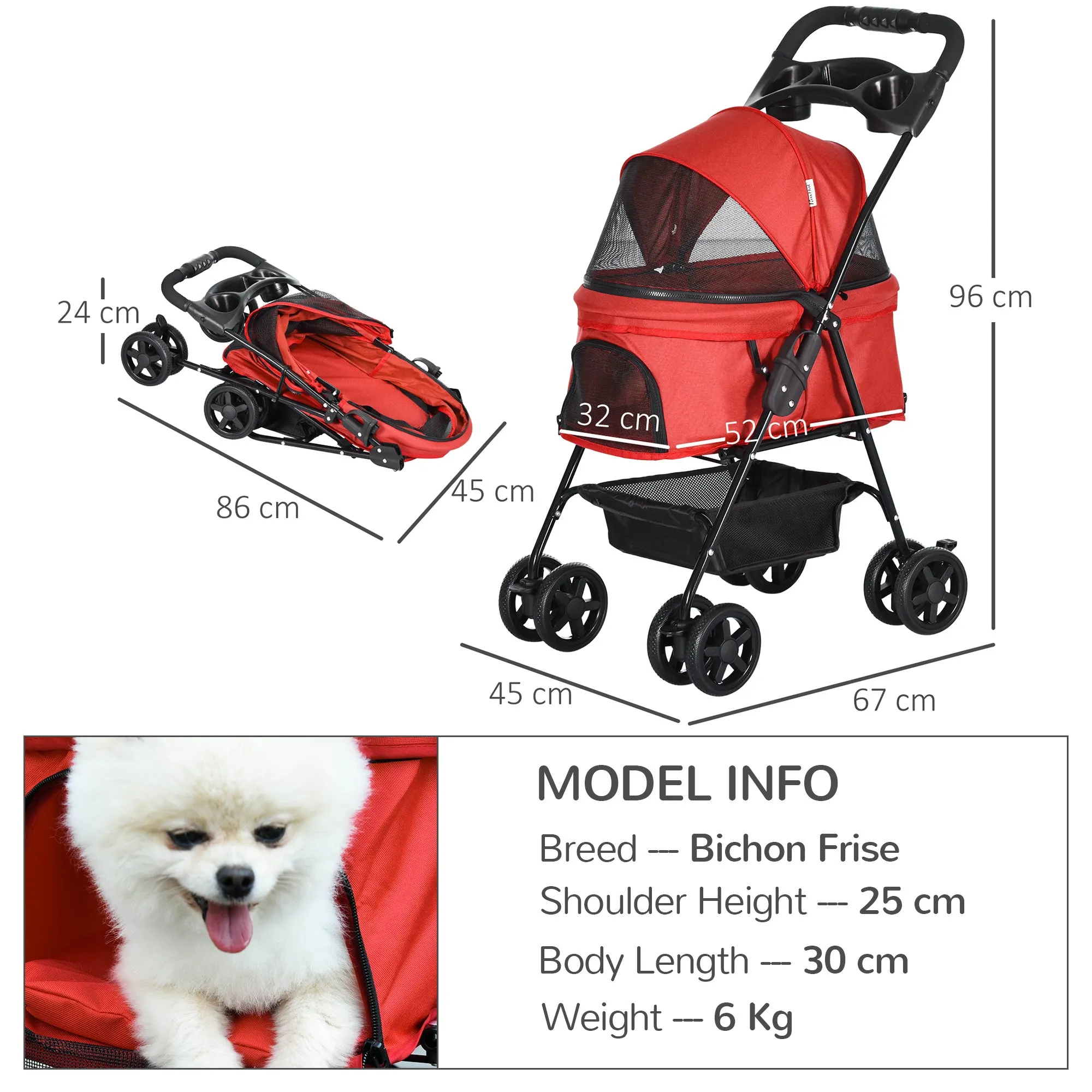 Dog Stroller Pet Cat Travel Pushchair One-Click Fold Trolley Jogger with EVA Wheels Brake Basket Adjustable Canopy Safety Leash for Small Dogs, Red