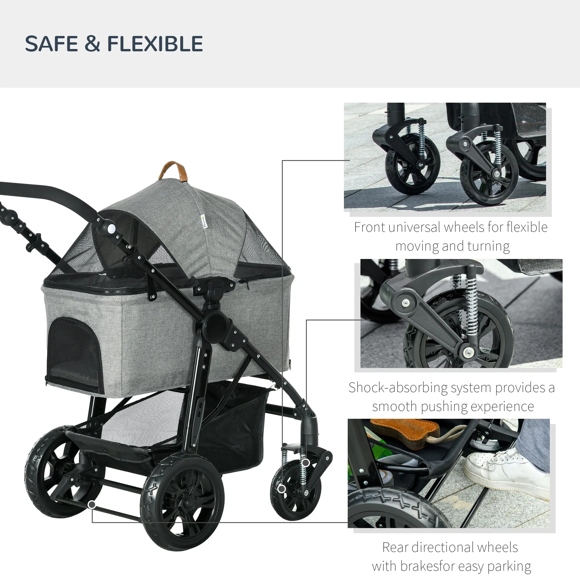 Dog Stroller Pushchair Detachable Pet Carrier Carrying Bag Foldable Trolley Shock absorbing System Adjustable Handlebar for Small Dogs Grey