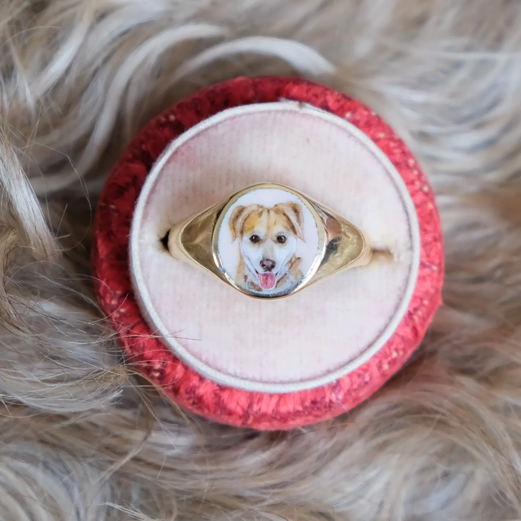 Enamel pet portrait signet ring