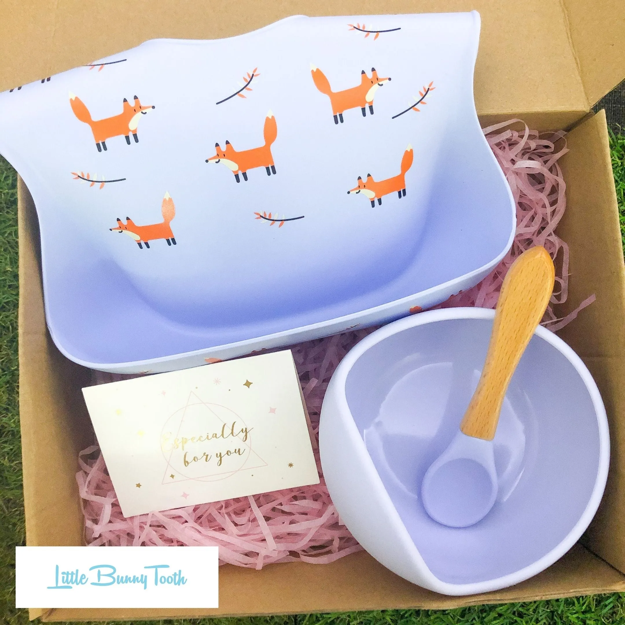 Fox Silicone Bib   Bowl   Spoon (Blue) - Gift Set