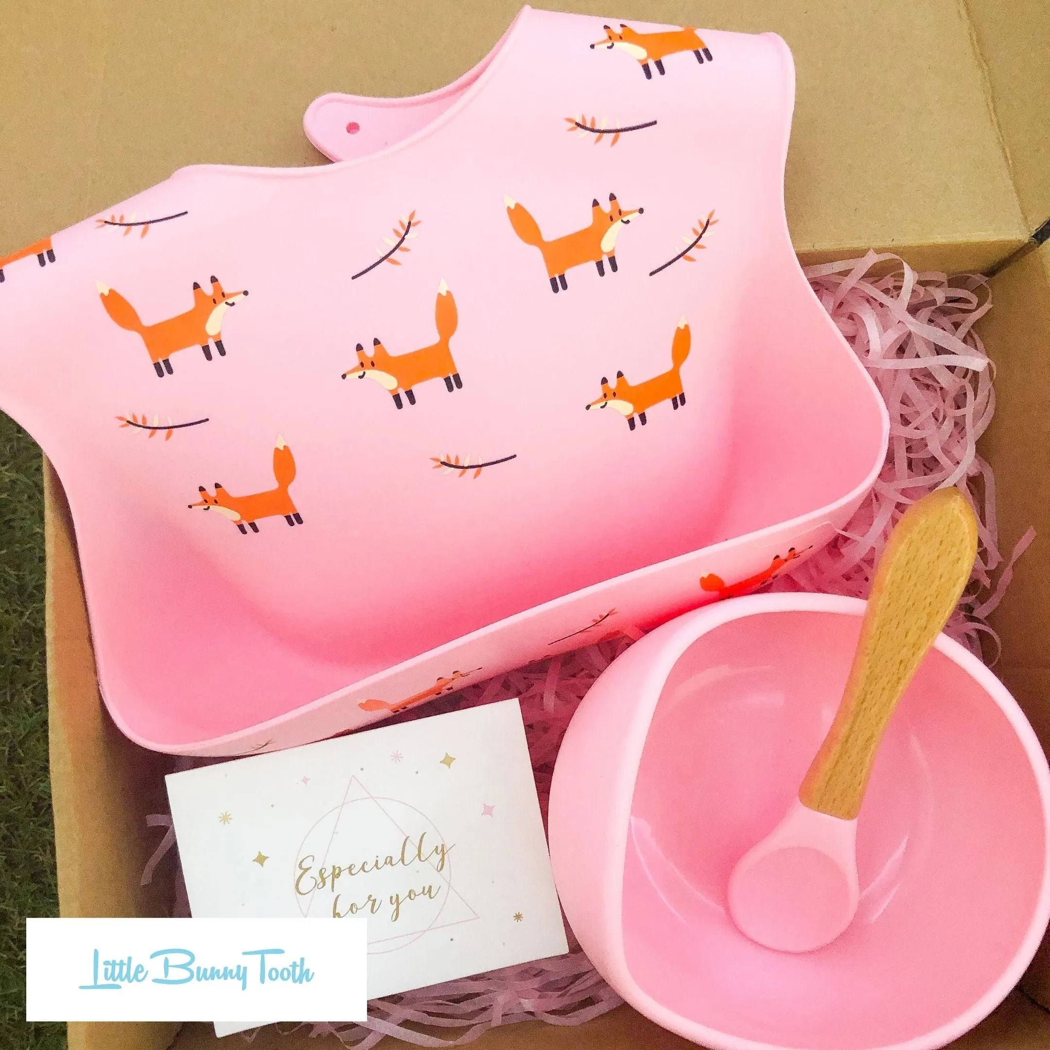 Fox Silicone Bib   Bowl   Spoon (Pink) - Gift Set