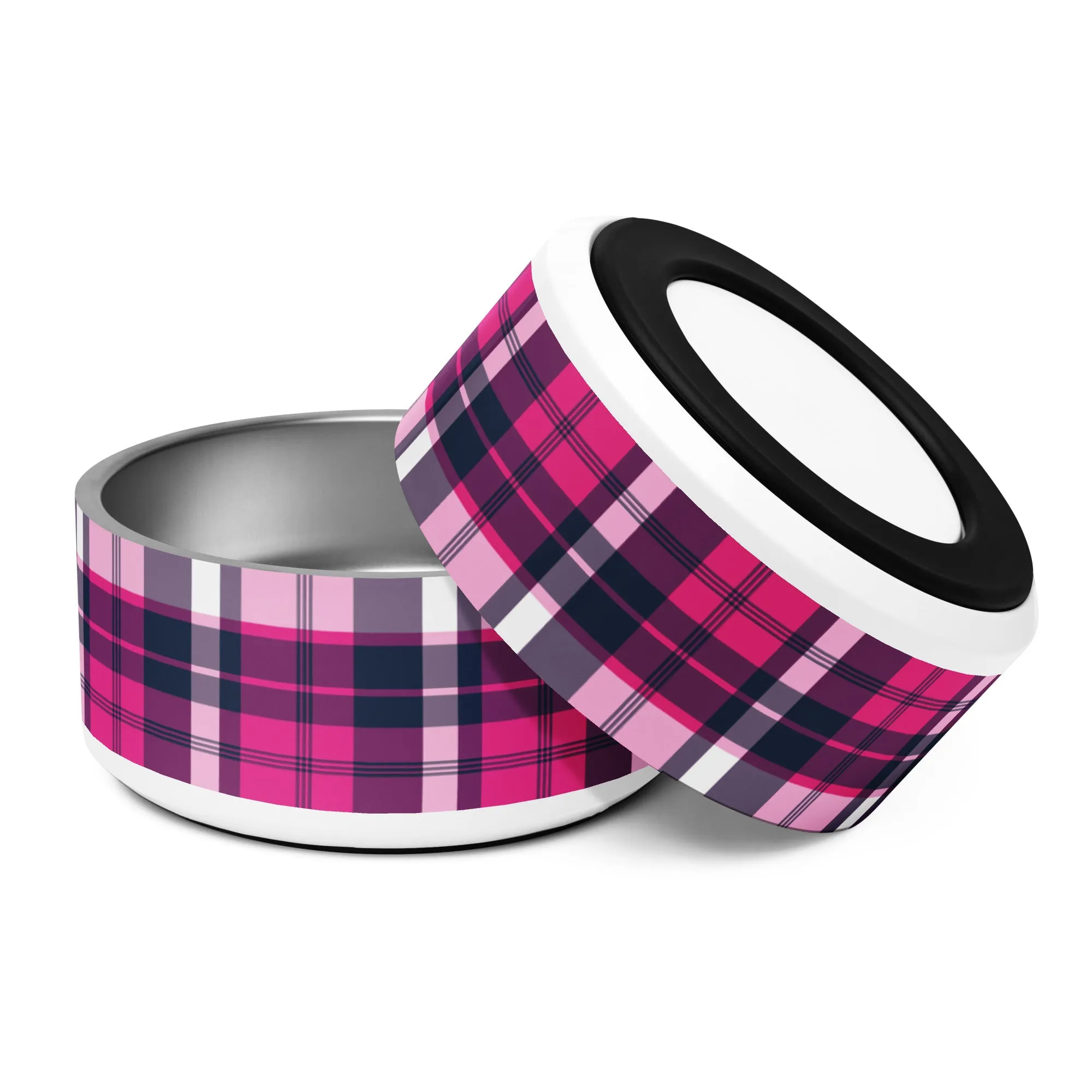 Hot Pink and Navy Blue Preppy Plaid Pet Bowl