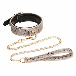 MICROFIBER SNAKE PRINT COLLAR & LEASH WHITE W LEATHER LINING