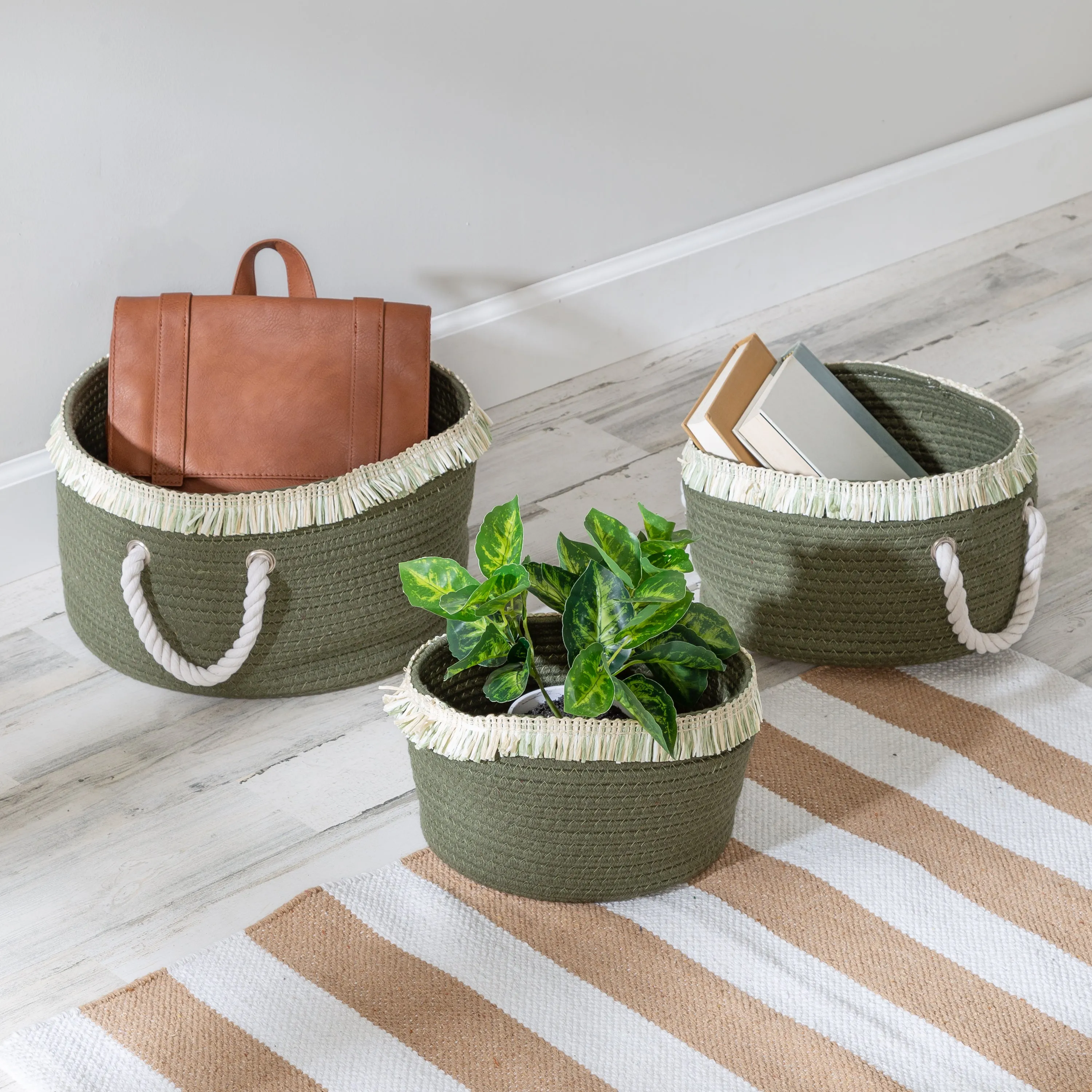 Olive Green/White Cotton Rope Nesting Baskets with Fringe (Set of 3)