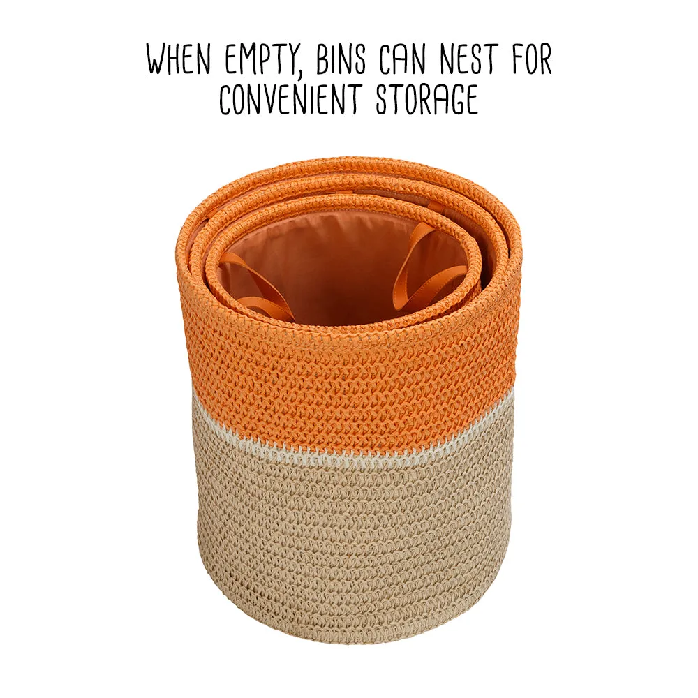 Orange/Natural Paper Straw Nesting Baskets with Handles (Set of 3)