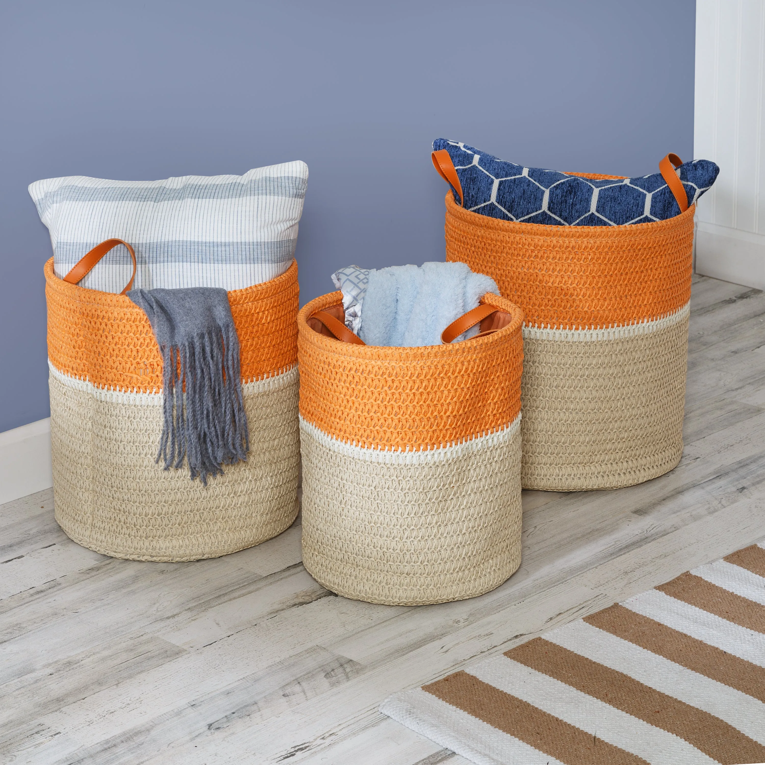 Orange/Natural Paper Straw Nesting Baskets with Handles (Set of 3)