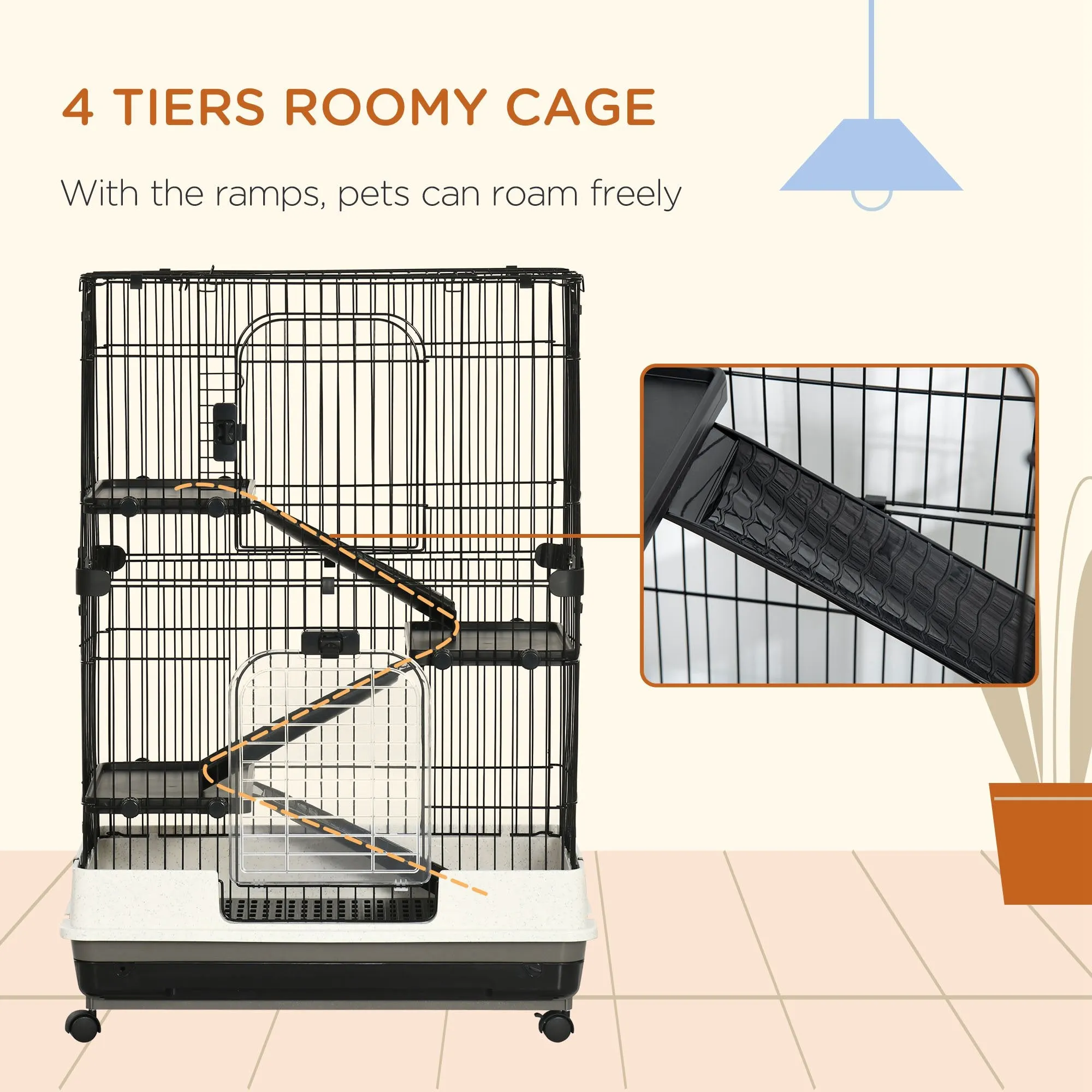 PawHut 4-Level Small Animal Cage Rabbit Hutch with Wheels, Removable Tray, Platform and Ramp for Bunny, Chinchillas, Ferret, Black