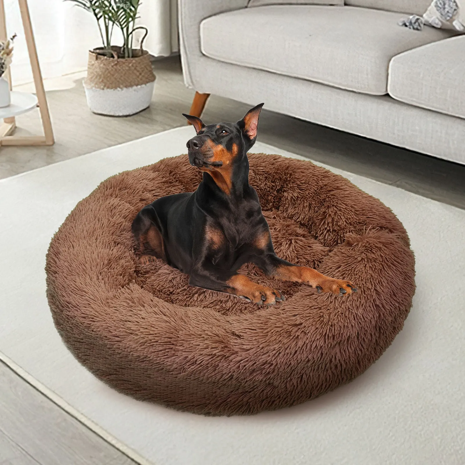 Pet Dog Bedding Warm Plush Round Comfortable Dog Nest Light Coffee Large 90cm