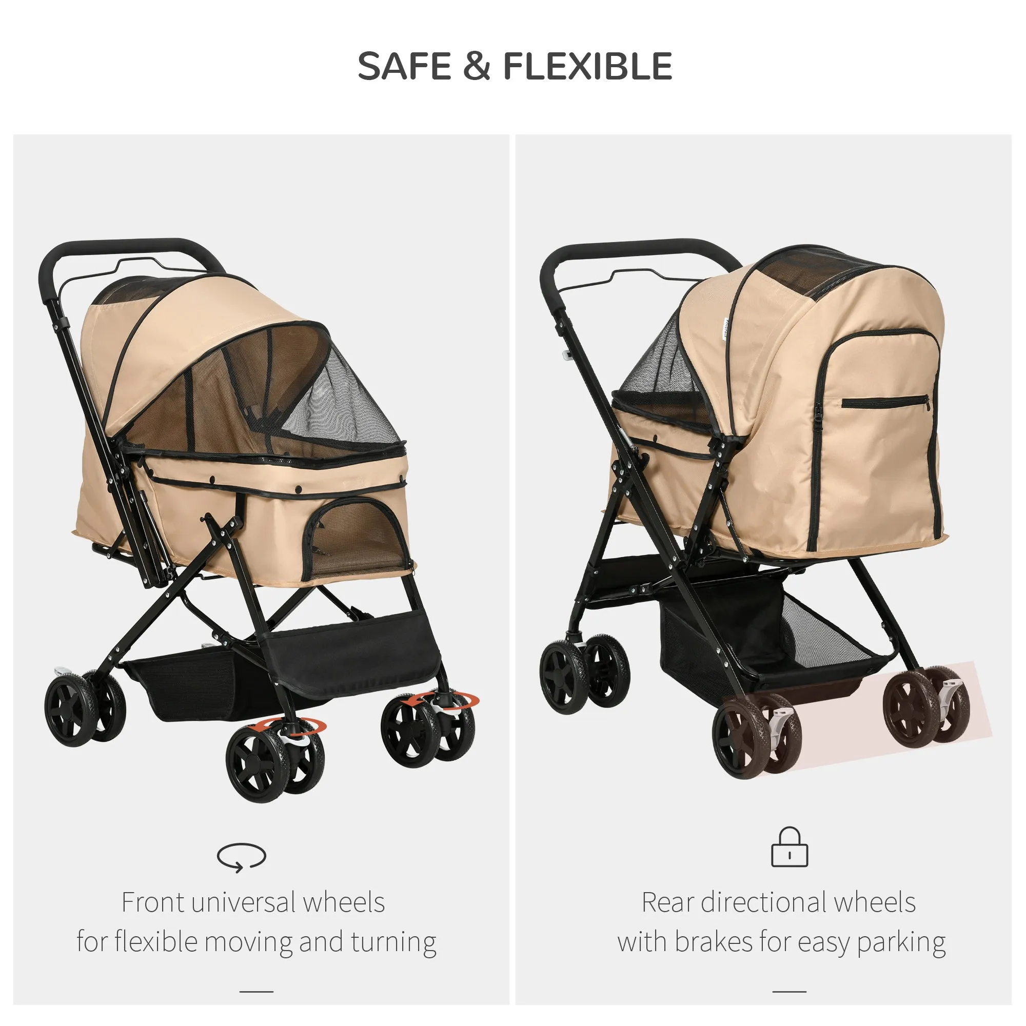 Pet Stroller Dog Cat Travel Pushchair Foldable Jogger with Reversible Handle EVA Wheel Brake Basket Adjustable Canopy Safety Leash for Small Dogs, Brown