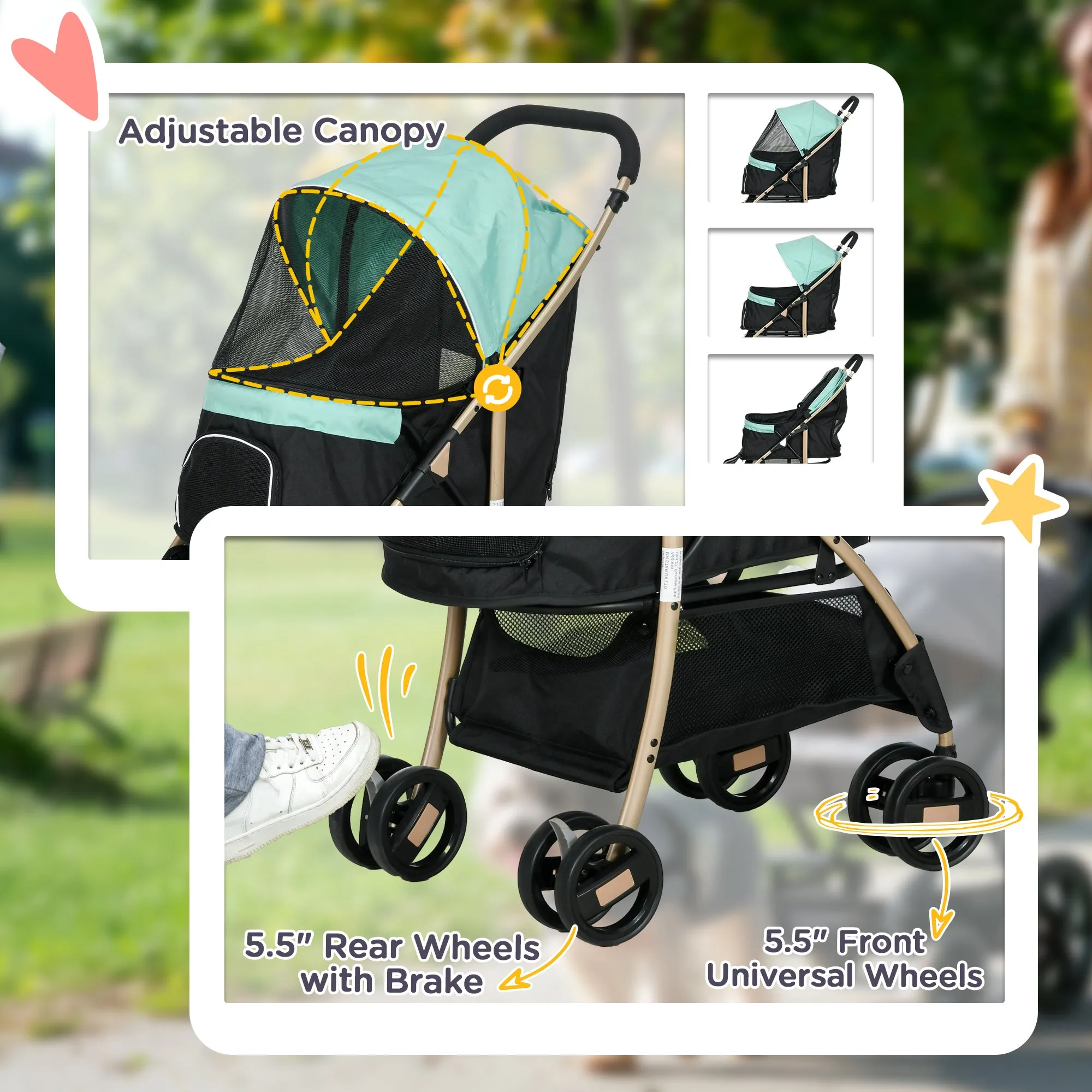 Pet Stroller for XS and S Dogs w/ Rain Cover - Green