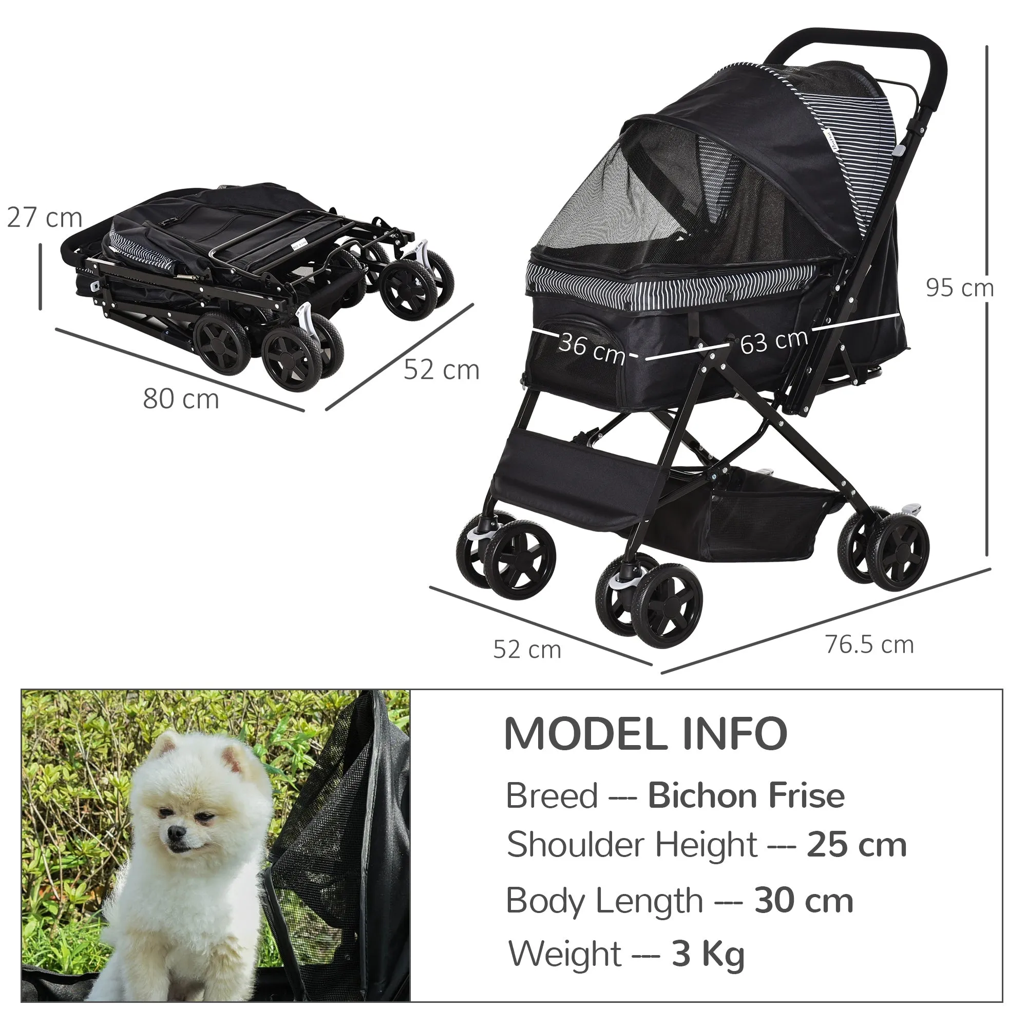 Pet Stroller Pushchair Foldable Travel Dog Cat Carriage w/ Reversible Handle Brake Basket