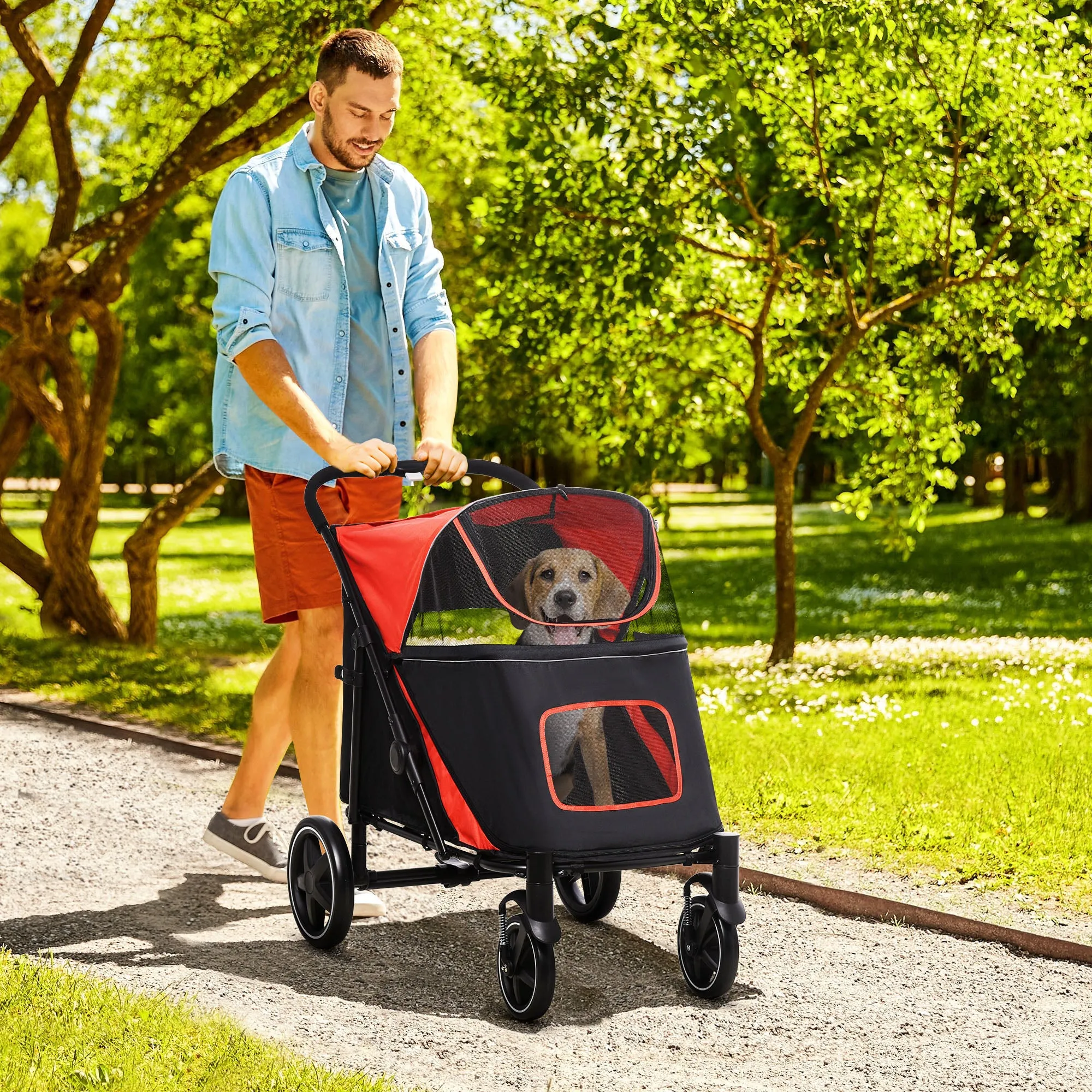 Pet Stroller with Universal Front Wheels, Shock Absorber, One Click Foldable Dog Cat Carriage with Brakes, Storage Bags, Mesh Window Red