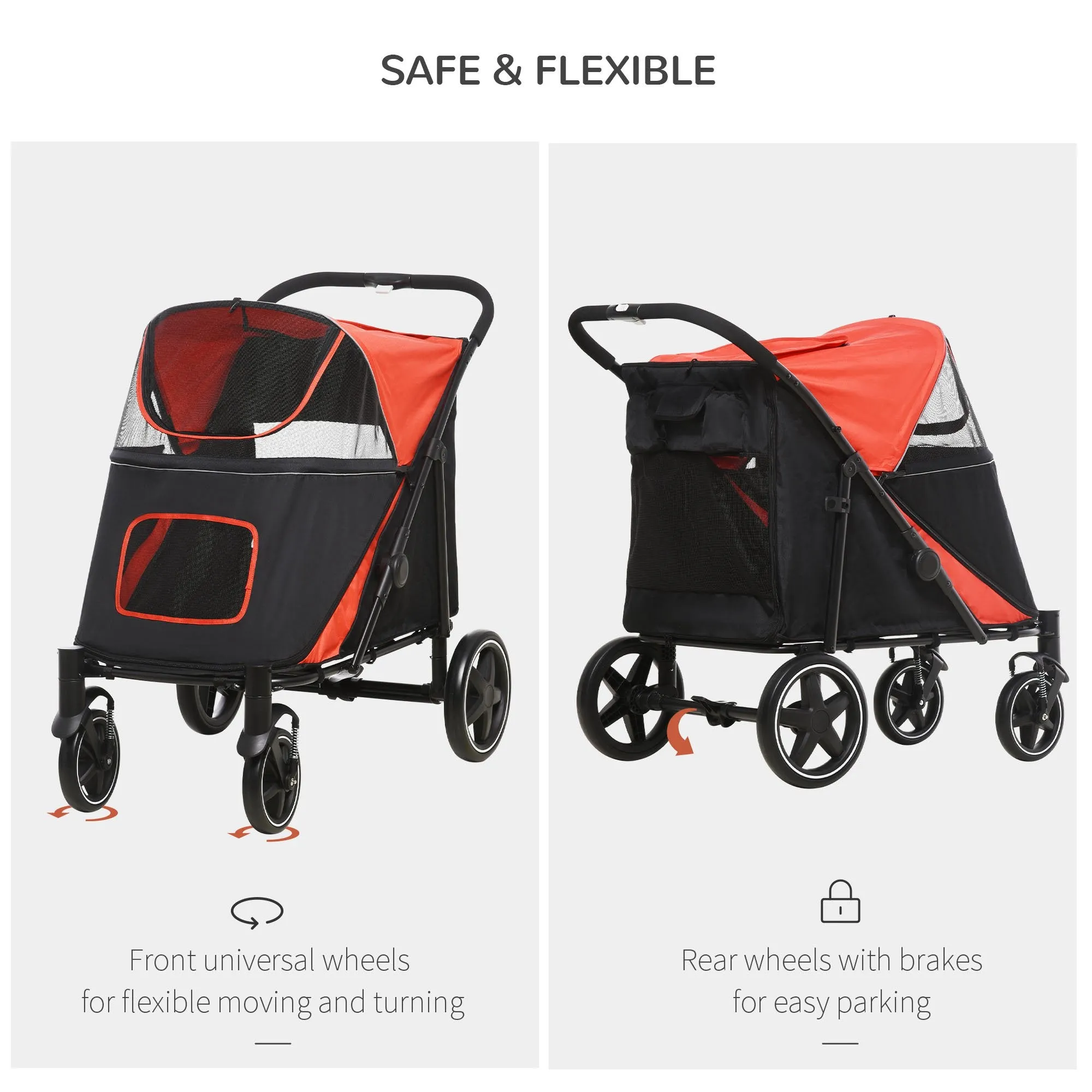 Pet Stroller with Universal Front Wheels, Shock Absorber, One Click Foldable Dog Cat Carriage with Brakes, Storage Bags, Mesh Window Red