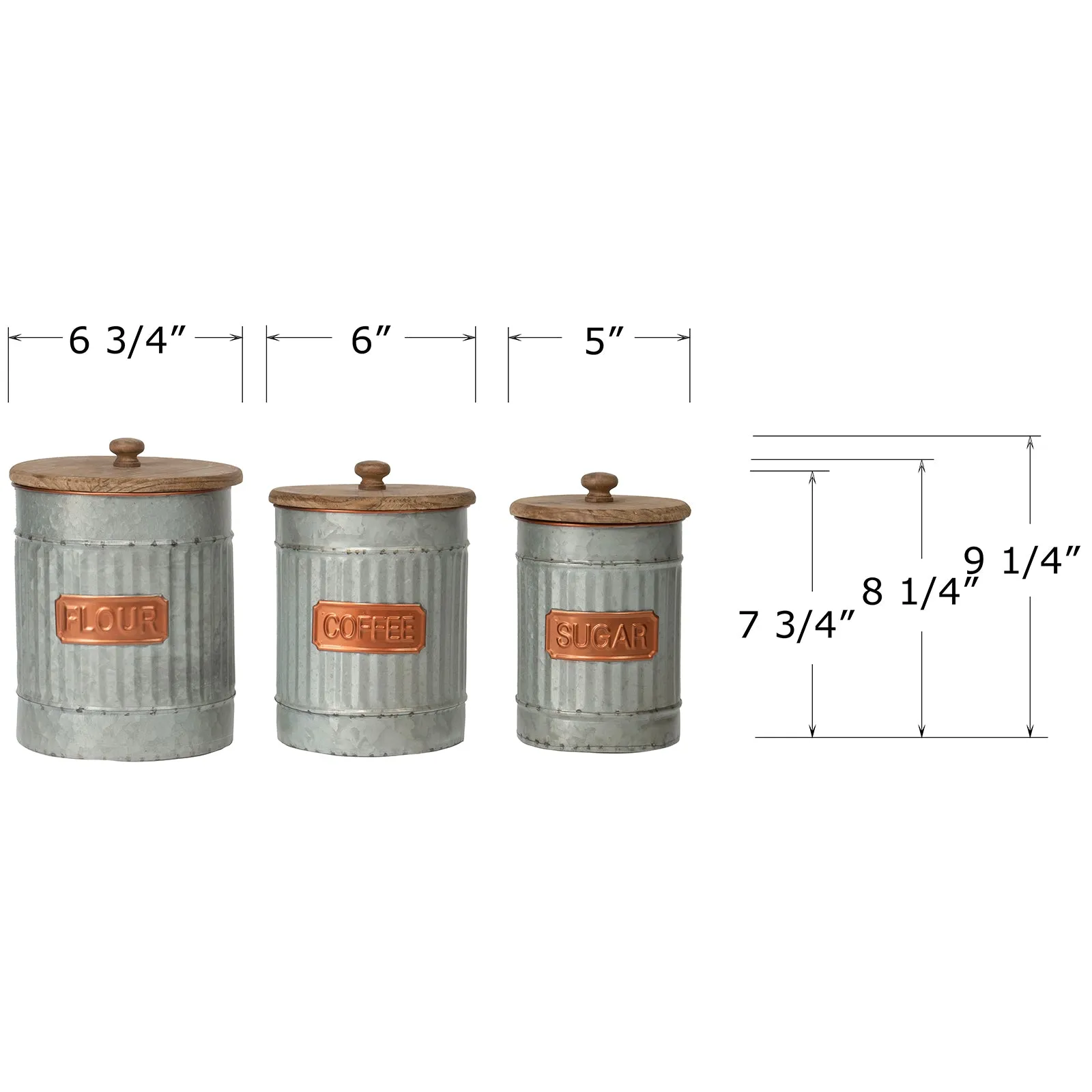 Red Co. Set of 3 Sizes Flour, Coffee, Sugar Corrugated Storage Canister Jars with Lids, Distressed Metal & Wood