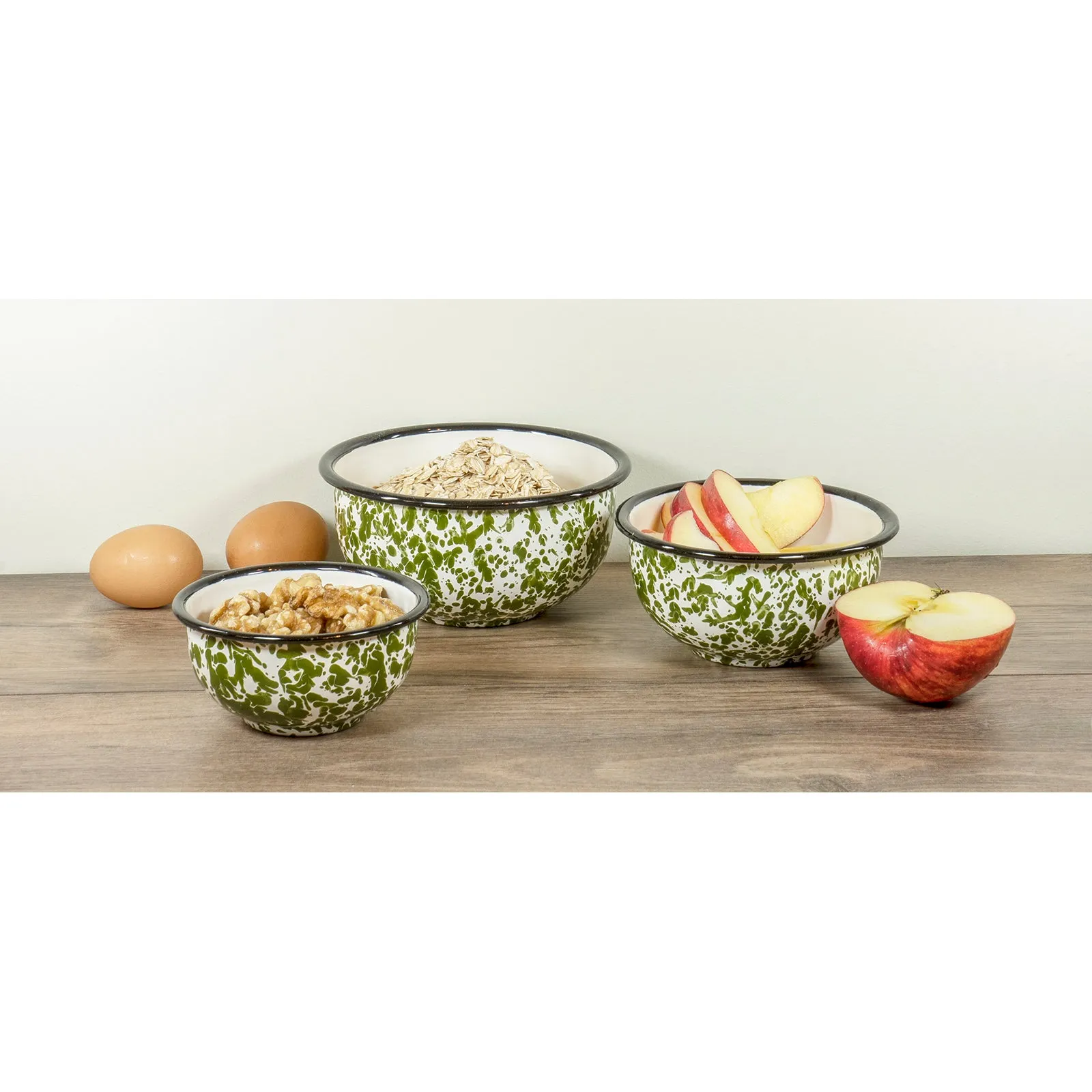 Red Co. Small Green Speckled Metal Tin Nesting Prep Bowl, for Mixing, Storage, Serving - Set of 3