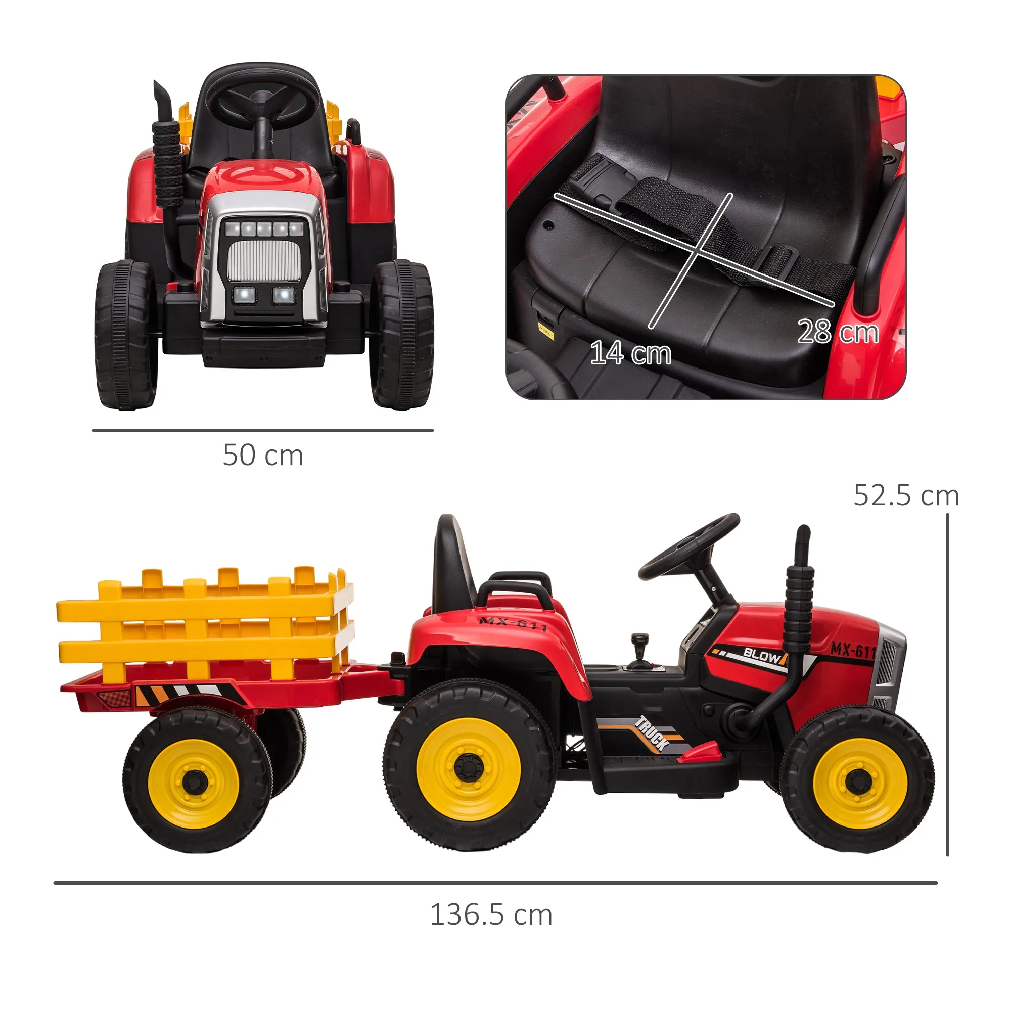 Ride On Tractor with Detachable Trailer, Remote Control, Music - Red