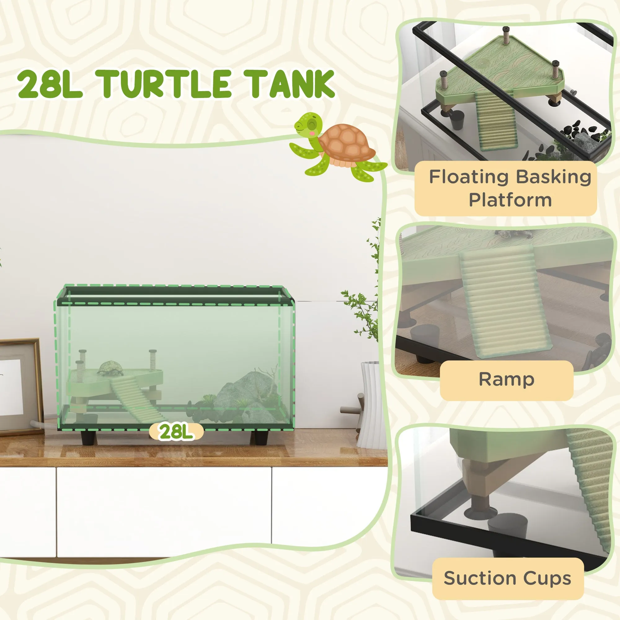 Turtle Tank 28L Glass Turtle Aquarium w/ Easy Drainage, 45 x 25 x 29cm