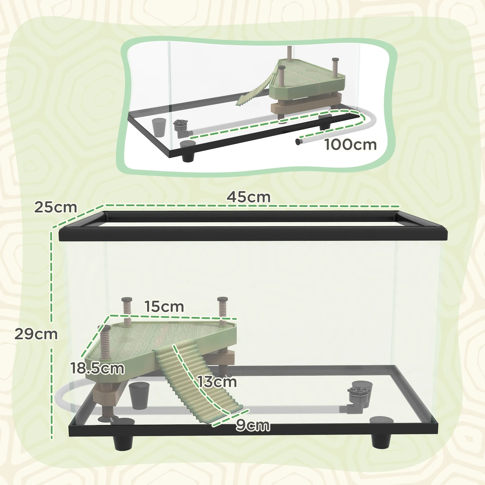 Turtle Tank 28L Glass Turtle Aquarium w/ Easy Drainage, 45 x 25 x 29cm