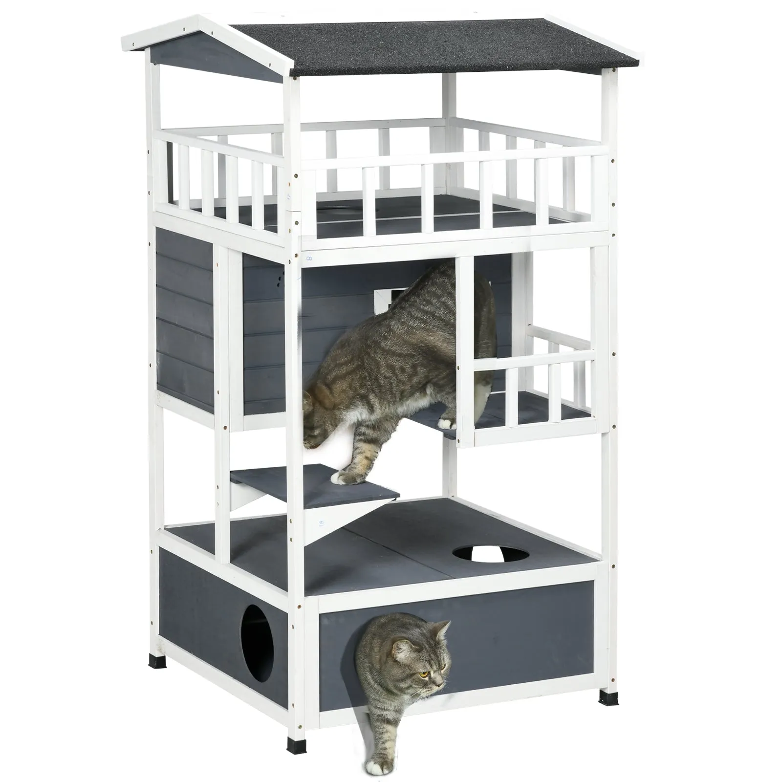 Wooden Outdoor Cat House 3-Tier Kitten Shelter w/ Tilted Roof Grey