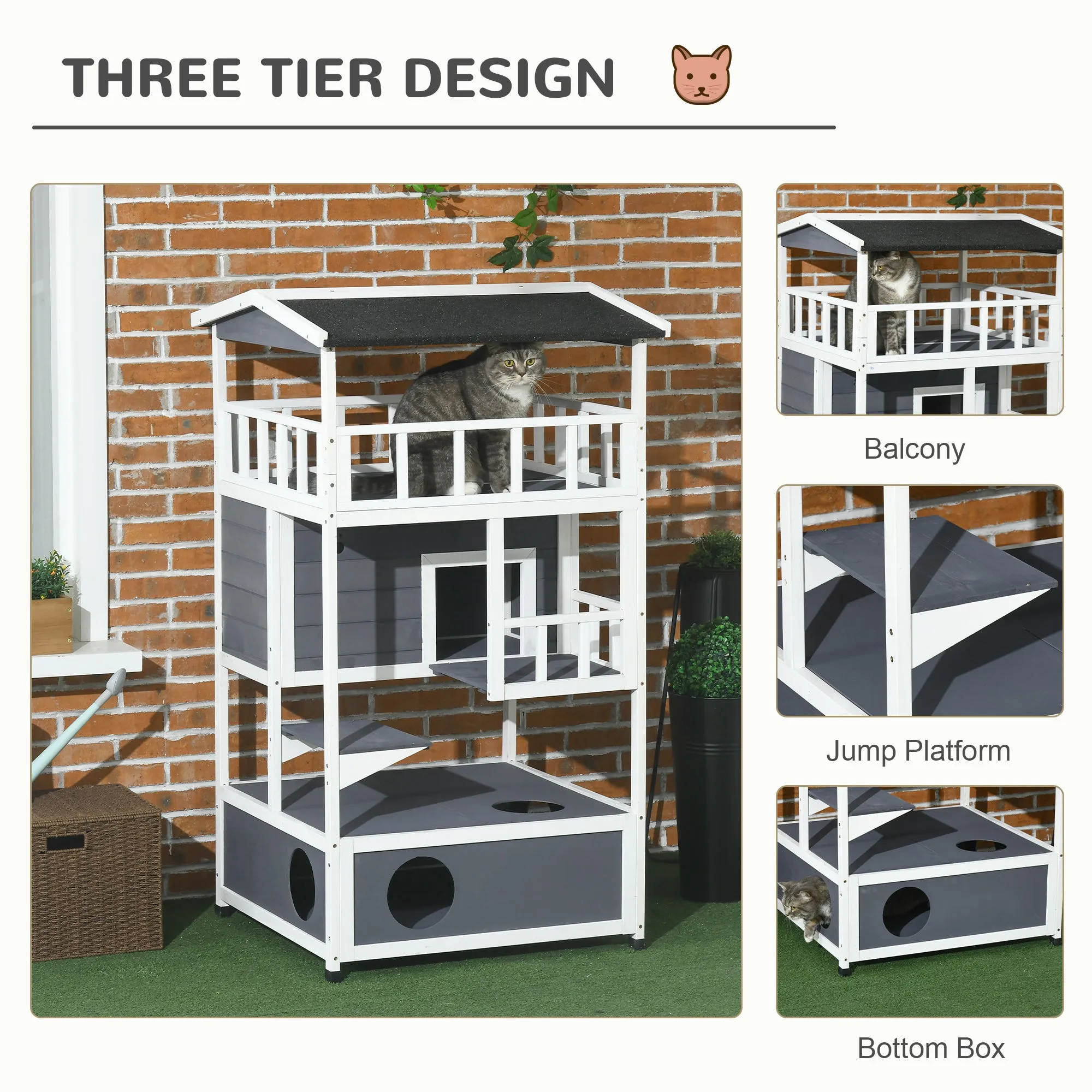 Wooden Outdoor Cat House 3-Tier Kitten Shelter w/ Tilted Roof Grey